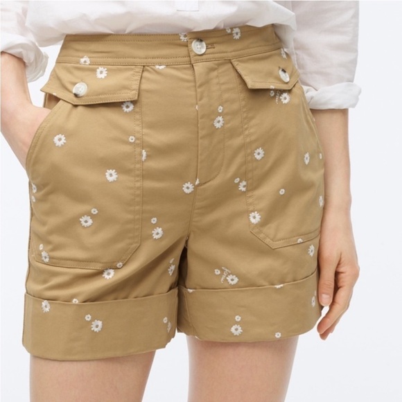 J Crew Cuffed Hem Shorts Embroidered Daisy Tan 10 High Rise Floral - Picture 1 of 7